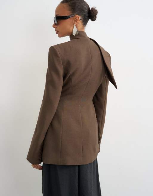 Topshop scarf detail blazer in brown, 2 of 4