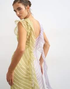 Model wearing Scarf detail chiffon maxi dress in purple and green stripe