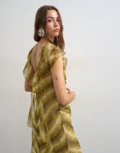 Model wearing Scarf detail chiffon maxi dress in yellow animal print