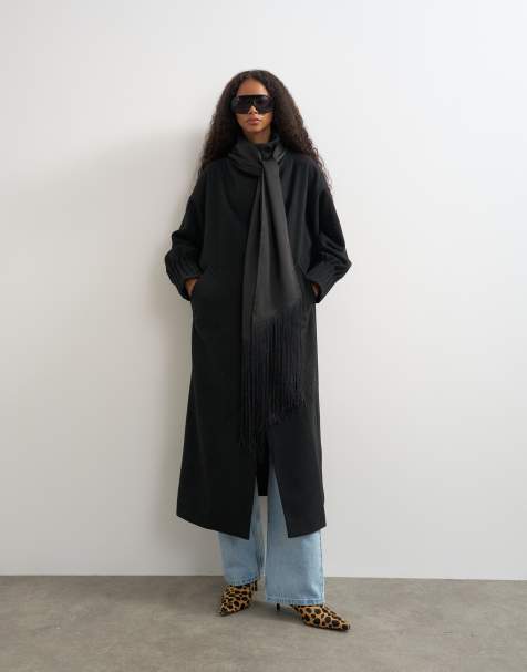 Topshop scarf detail longline coat with wool in black - view 1