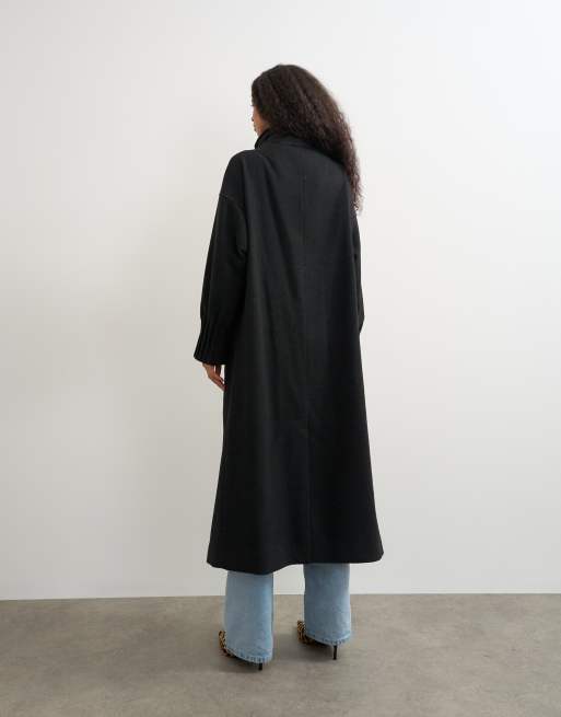 Topshop scarf detail longline coat with wool in black, 3 of 4