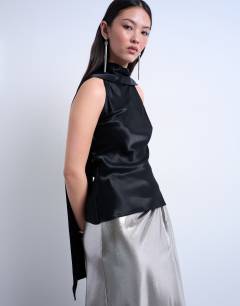 Scarf detail satin top in black