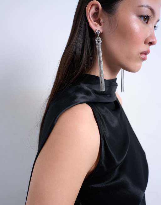 Topshop scarf detail satin top in black, 4 of 4