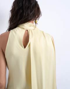 Model wearing Scarf detail satin top in buttermilk