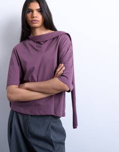 Scarf neck detail drop shoulder t-shirt in fig