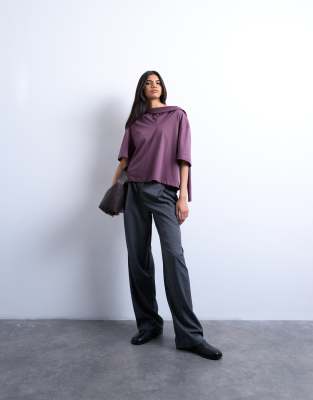 Topshop Scarf Neck Detail Drop Shoulder T-shirt In Purple