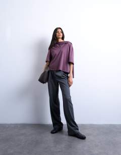 Model wearing Scarf neck detail drop shoulder t-shirt in fig