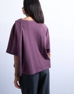 Model wearing Scarf neck detail drop shoulder t-shirt in fig