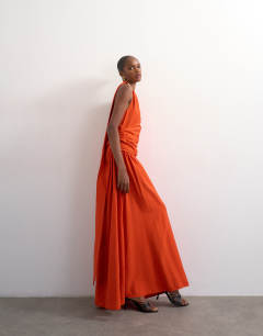 Scarf neck plunge maxi dress with hardware in orange