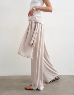 Model wearing Scarf tie detail soft trousers in oat