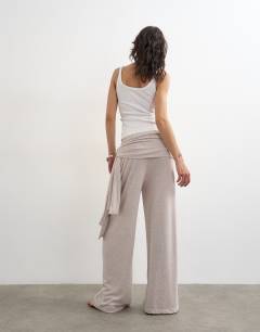 Model wearing Scarf tie detail soft trousers in oat