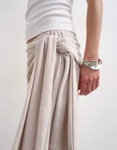 Model wearing Scarf tie detail soft trousers in oat