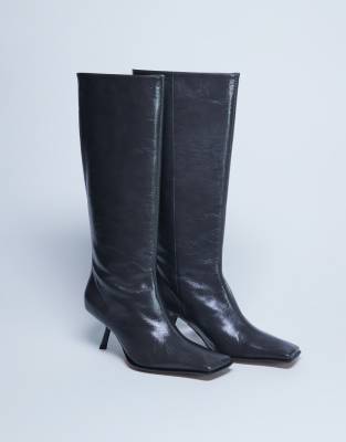 Topshop - Scarlett - Bottes à bout carré en cuir de qualité supérieure - Gris | ASOS