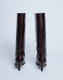 Model wearing Scarlett Premium leather square toe knee high boot in chocolate