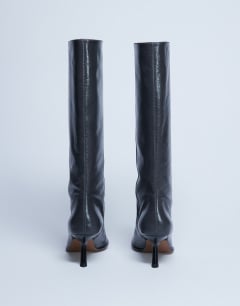 Model wearing Scarlett Premium leather square toe knee high boot in grey