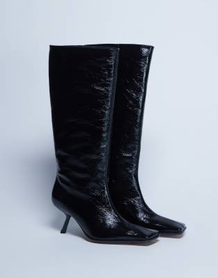 Topshop Scarlett Premium Leather Square Toe Knee High Boots In Black
