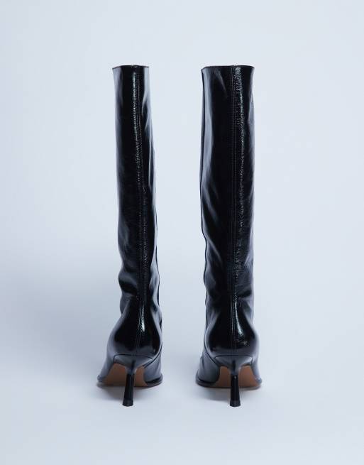 Topshop Scarlett premium leather square toe knee high boots in black, 2 of 4