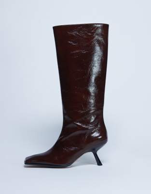 Topshop Scarlett Premium Leather Square Toe Knee High Boots In Animal Print