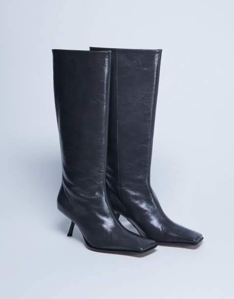 Topshop Scarlett Premium leather square toe knee high boots in gray - view 1