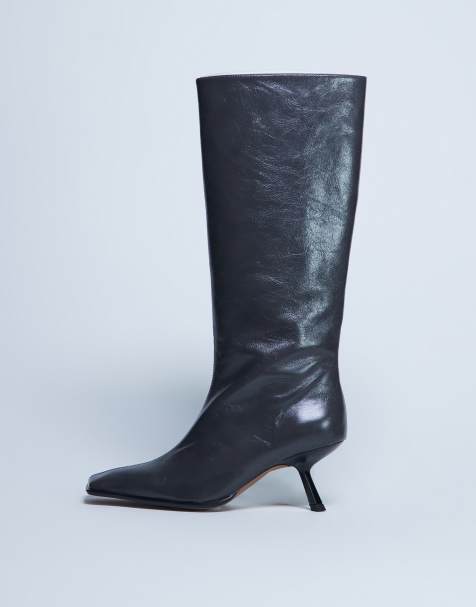 Topshop Scarlett Premium leather square toe knee high boots in grey - view 1
