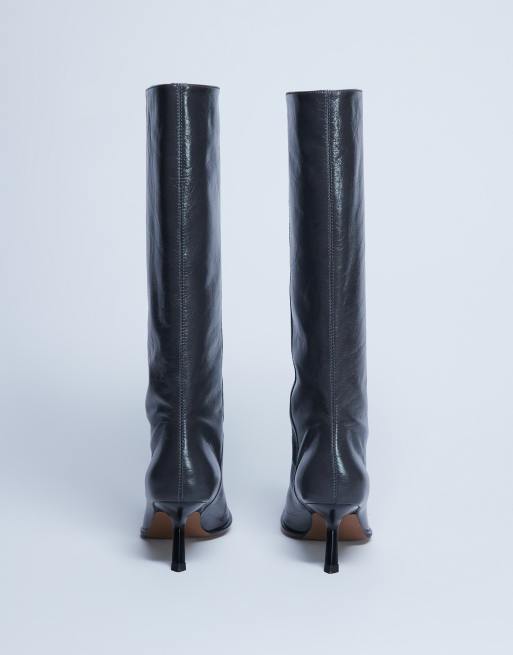 Topshop Scarlett Premium leather square toe knee high boots in grey, 2 of 4