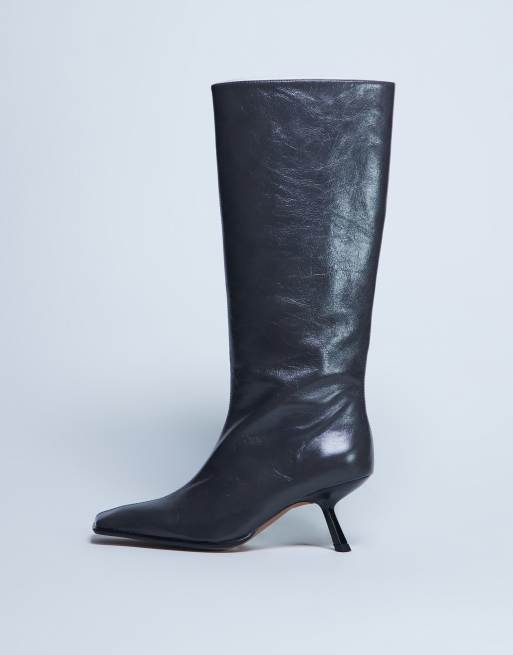Topshop Scarlett Premium leather square toe knee high boots in grey, 4 of 4