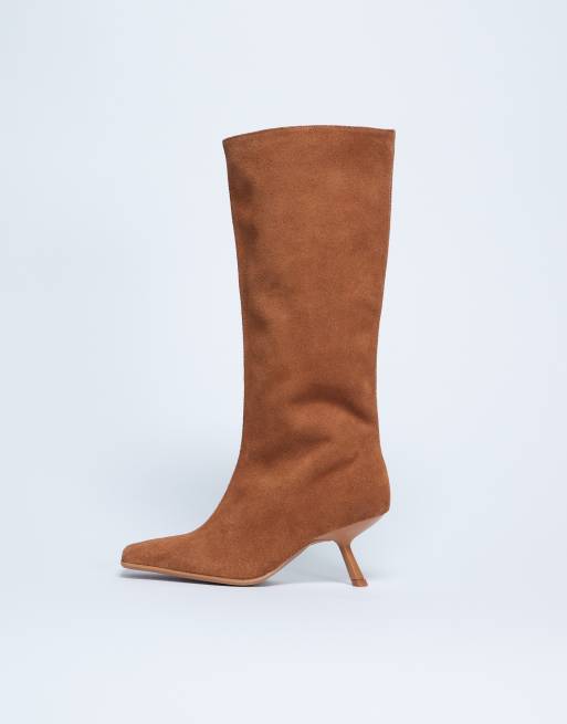 Topshop Scarlett premium leather square toe knee high boots in tan