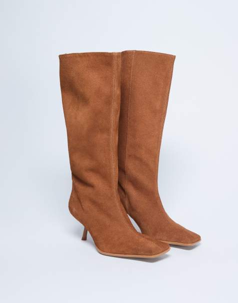 Topshop Scarlett Premium suede leather square toe knee high boots in tan - view 1