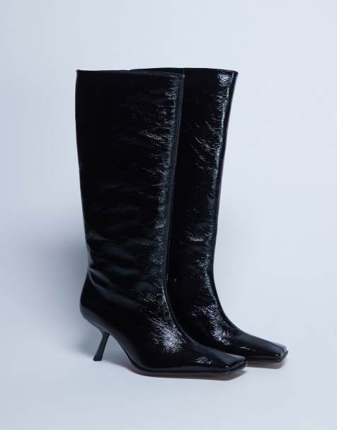 Topshop – Scarlett – Premium – Svarta, knähöga boots i läder med fyrkantig tå - view 1