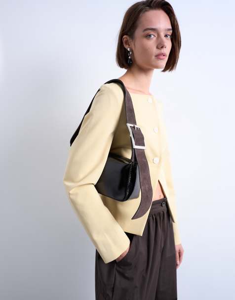 Topshop Scarlett real leather suede shoulder bag with contrast strap in black and chocolate - view 1