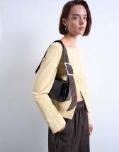 Topshop Scarlett real leather suede shoulder bag with contrast strap in black and chocolate