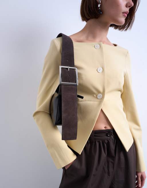Topshop Scarlett real leather suede shoulder bag with contrast strap in black and chocolate, 2 of 4