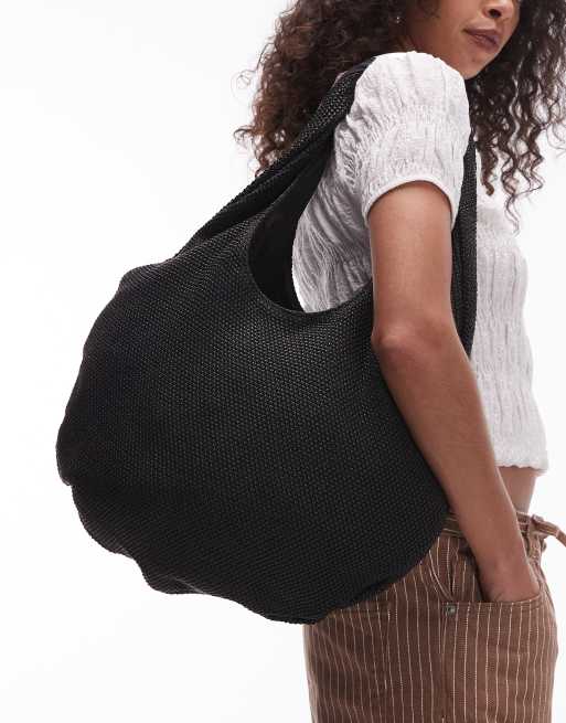 Topshop Scarlett straw bag with metal handle in black, 4 of 4