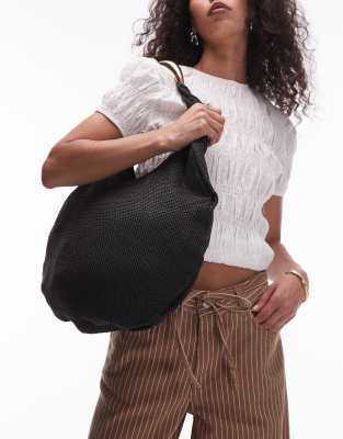 Topshop - Scarlett - Strohtasche in Schwarz mit Metall-Tragegriff