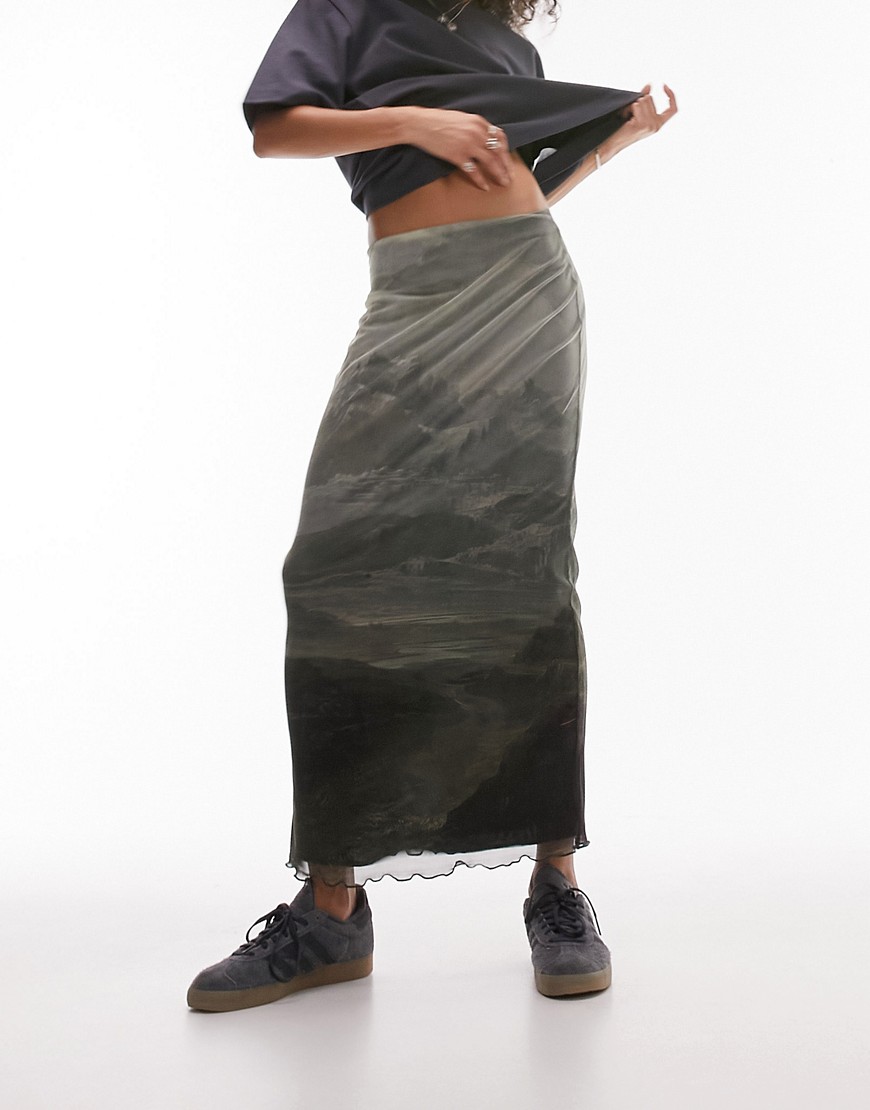 Topshop scenic mesh midi skirt in mono print-Black