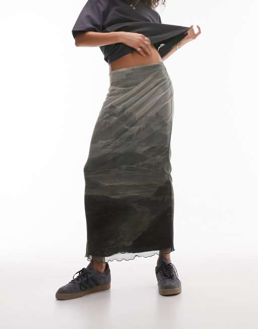 Topshop scenic mesh midi skirt in mono print