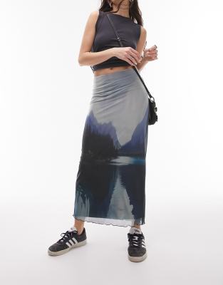 Topshop scenic print mesh midi skirt in blue