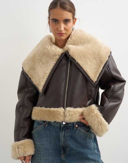 Topshop schapenvacht oversized kraag in bruin, 3 van 4