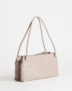 Model wearing Schelby suedette medium flat bowler in taupe