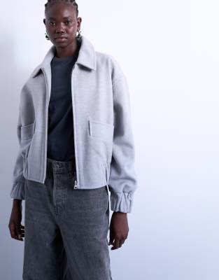 Topshop - Schlichte Cropped-Bomberjacke in Hellgrau mit Wollanteil und Steppfutter