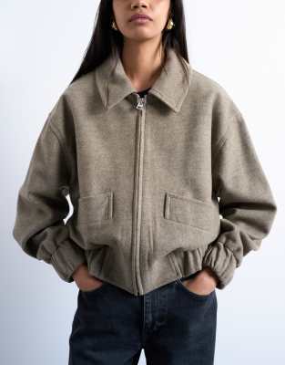 Topshop - Schlichte Cropped-Bomberjacke in Taupe mit Wollanteil und Steppfutter-Neutral