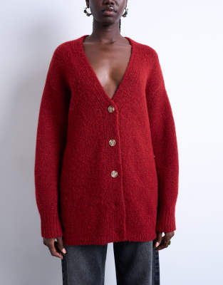 Topshop - Schlichte Longline-Strickjacke in Rot