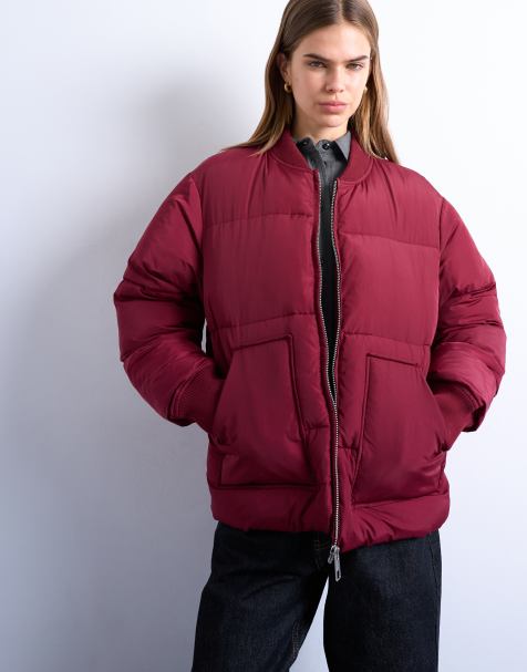Topshop – Schlichte Pufferjacke in Burgunderrot mit geripptem Kragen - view 1