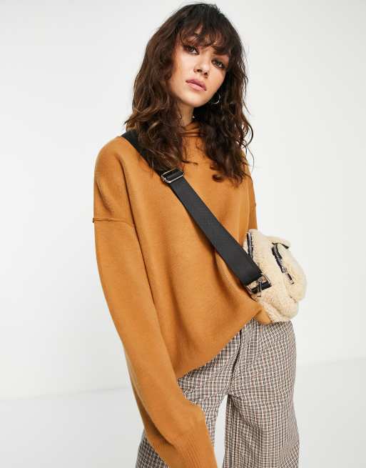 Topshop – Schlichter, gestrickter Kapuzenpullover in Camel
