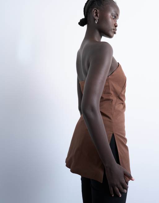 Topshop – Schlichtes, trägerloses Longline-Oberteil in Schokobraun, 3 von 4