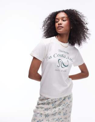 Topshop - Schmal geschnittenes T-Shirt in Ecru mit „Trattoria la Costa"-Grafikprint-Weiß