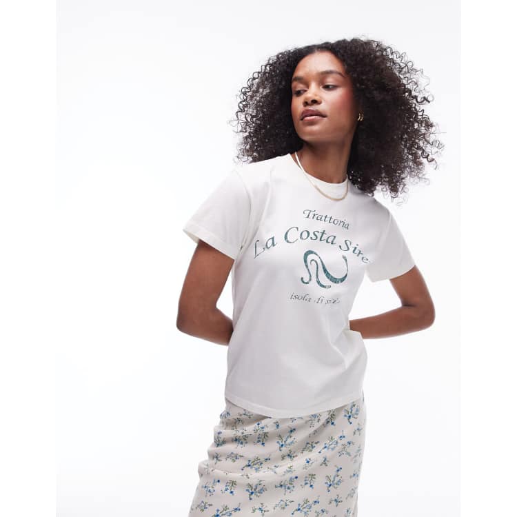 Topshop Schmal geschnittenes T Shirt in Ecru mit Trattoria la Costa Grafikprint ASOS