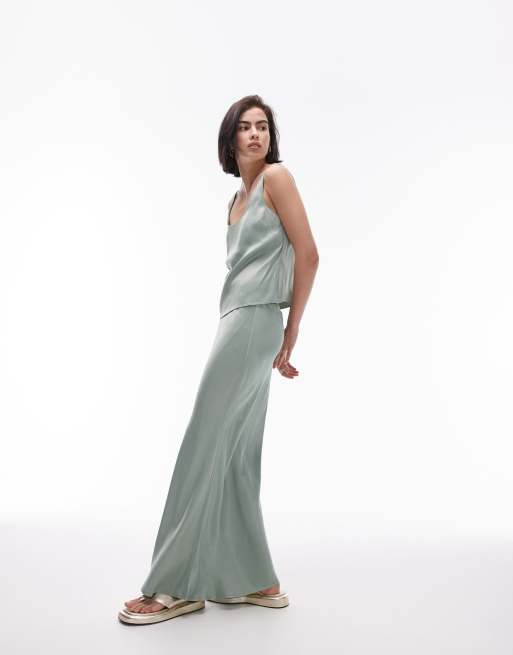 Topshop - Schuingesneden maxi rok met slip-randdetail in zomers kaki, deel van co-ord set
