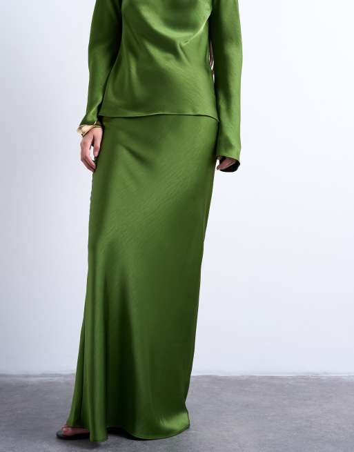 Topshop - Schuingesneden maxi-rok tot aan de grond in groen, 2 van 5