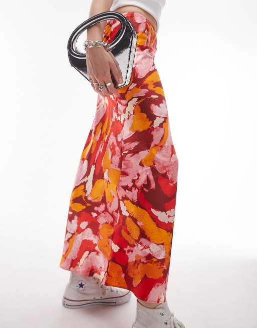 Topshop - Schuingesneden maxirok met oranje bloemenprint in multi, 3 van 4
